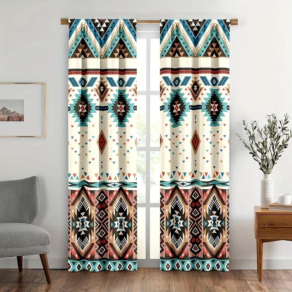 

2pcs Geometric Patterned Curtain Room Darkening Polyester Fabric Window Decor for Living Room Bedroom Rod Pocket Curtains 24x59in(60x150CM)x2&Rod Pocket