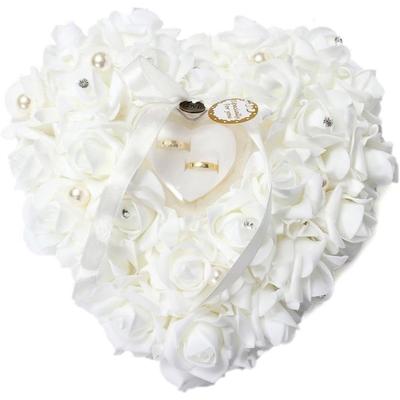 Wedding Ring Pillow, White Ring Pillow Lace Crystal Rose Wedding Heart Ring Box Ring Holder