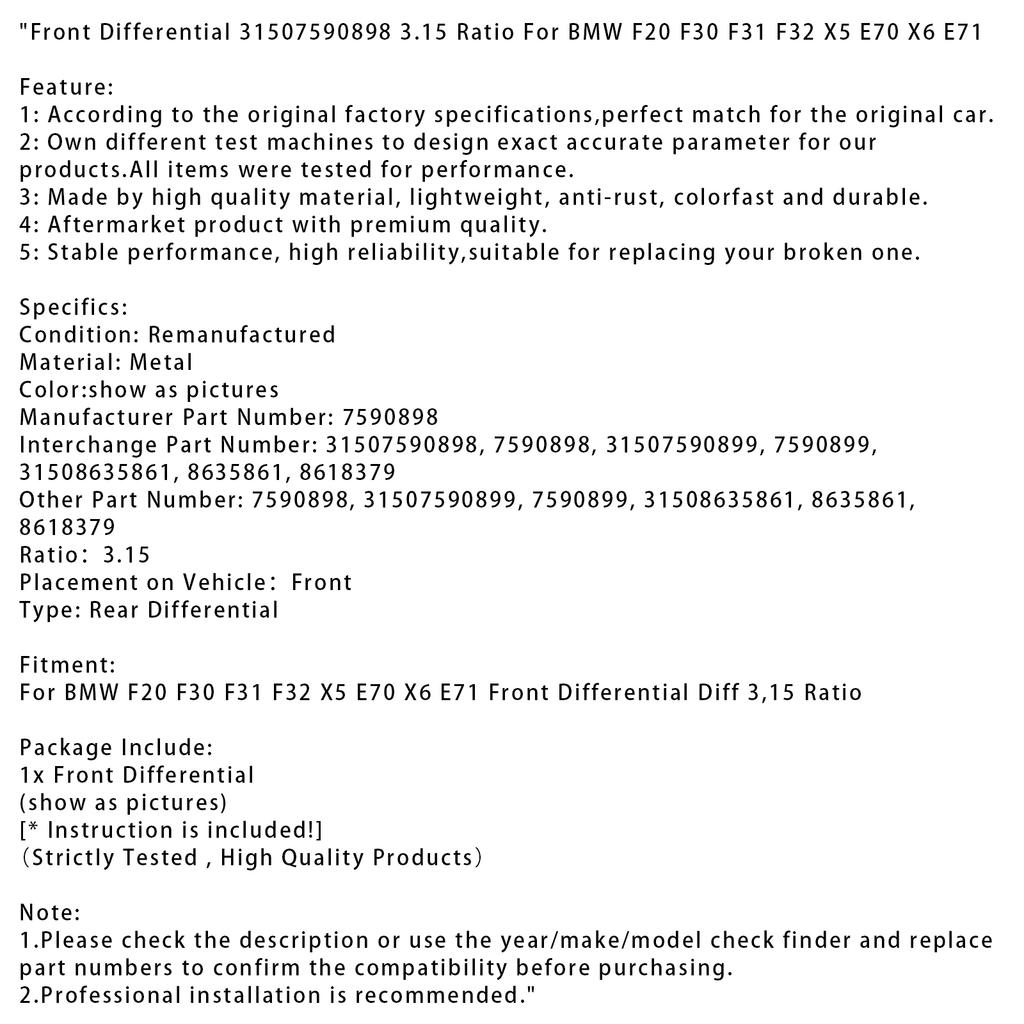 Front Differential 31507590898 3.15 Ratio For BMW F20 F30 F31 F32 X5 E70 X6 E71