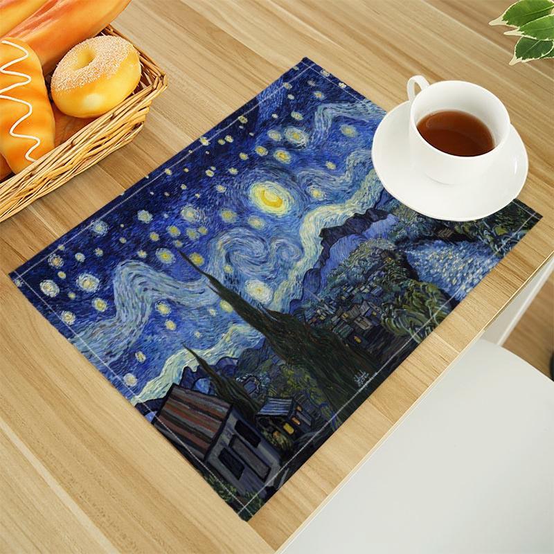 Van Gogh The Starry Night Print Linen Dining Table Mats Alphabet Kitchen Placemat 30X45cm Coasters Pads Bowl Cup Mat