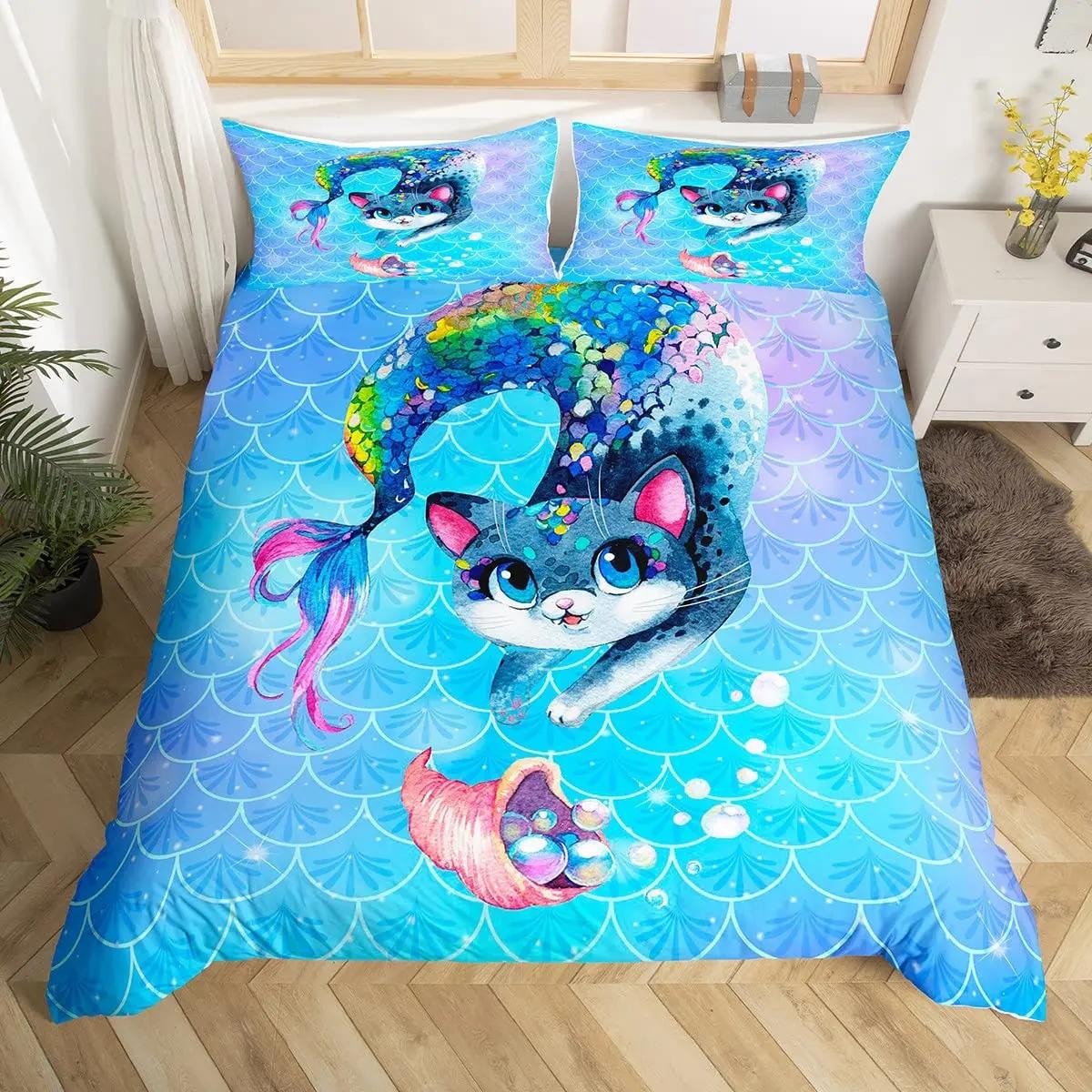 Rainbow Cartoon Cat Duvet Cover Set Colorful Mermaid Bedding Sets for Girls Blue Mermaid Scales Ocean Gradient Comforter Cover 70x133cm 2pcs