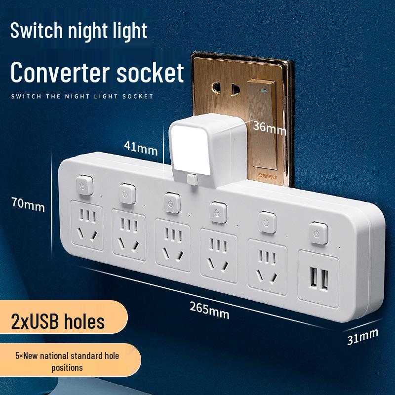 Multi-Outlet Power Strip with USB, Wireless Converter, Night Light, and Individual Switches for Home Office