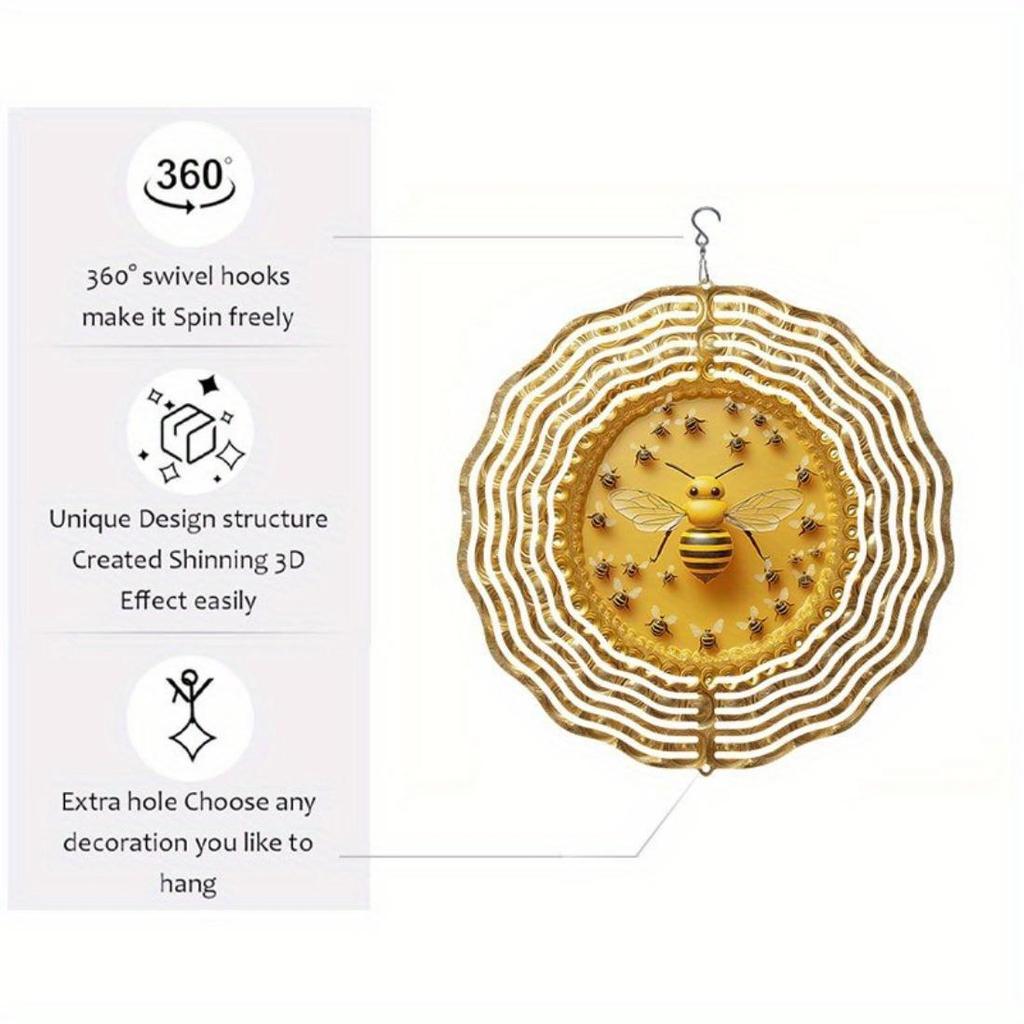 2D Metal Mandala Wind Chime with Honeycomb Design and Bees Outdoor Indoor Garden Decor for All Seasons