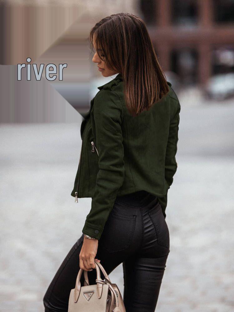 European and American Asymmetrical Zipper Suede Short Jacket