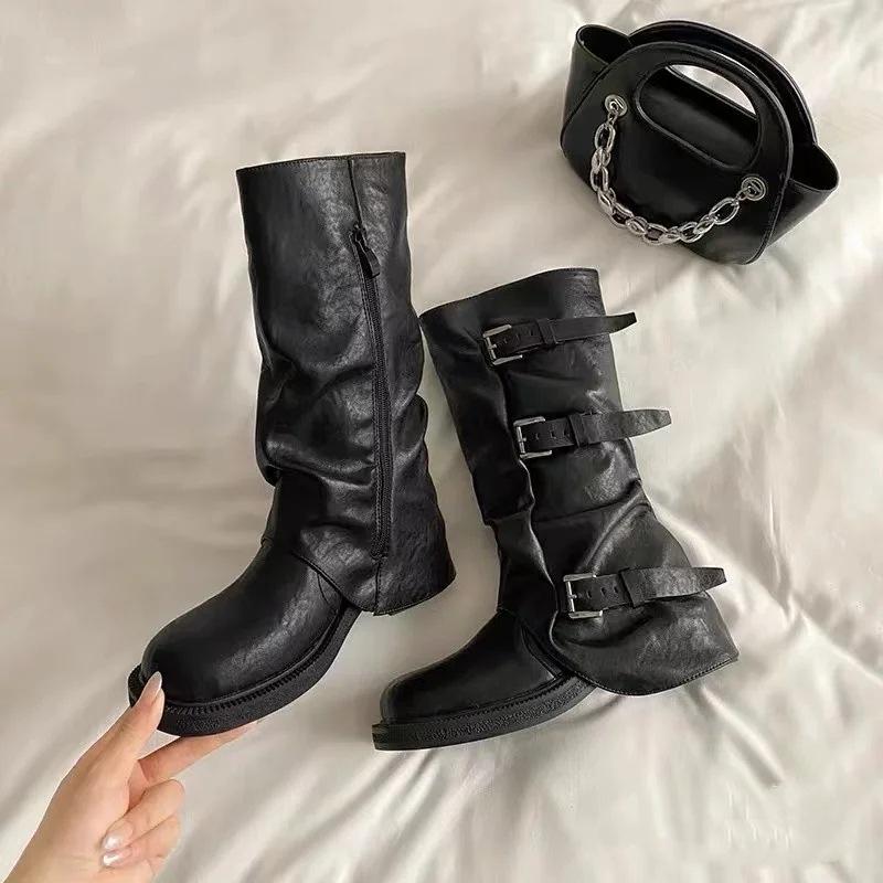 Inner Height Increase 7cm Medium Tube Belt Buckle Retro British Style Knight Boots Women's 2025 Autumn and Winter New Long Tube Fashion Boots