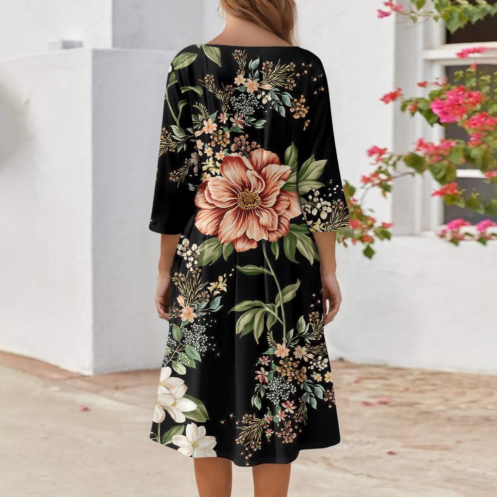 Women's Casual Fashion V Neck Three Quarter Sleeve Print Midi Dress