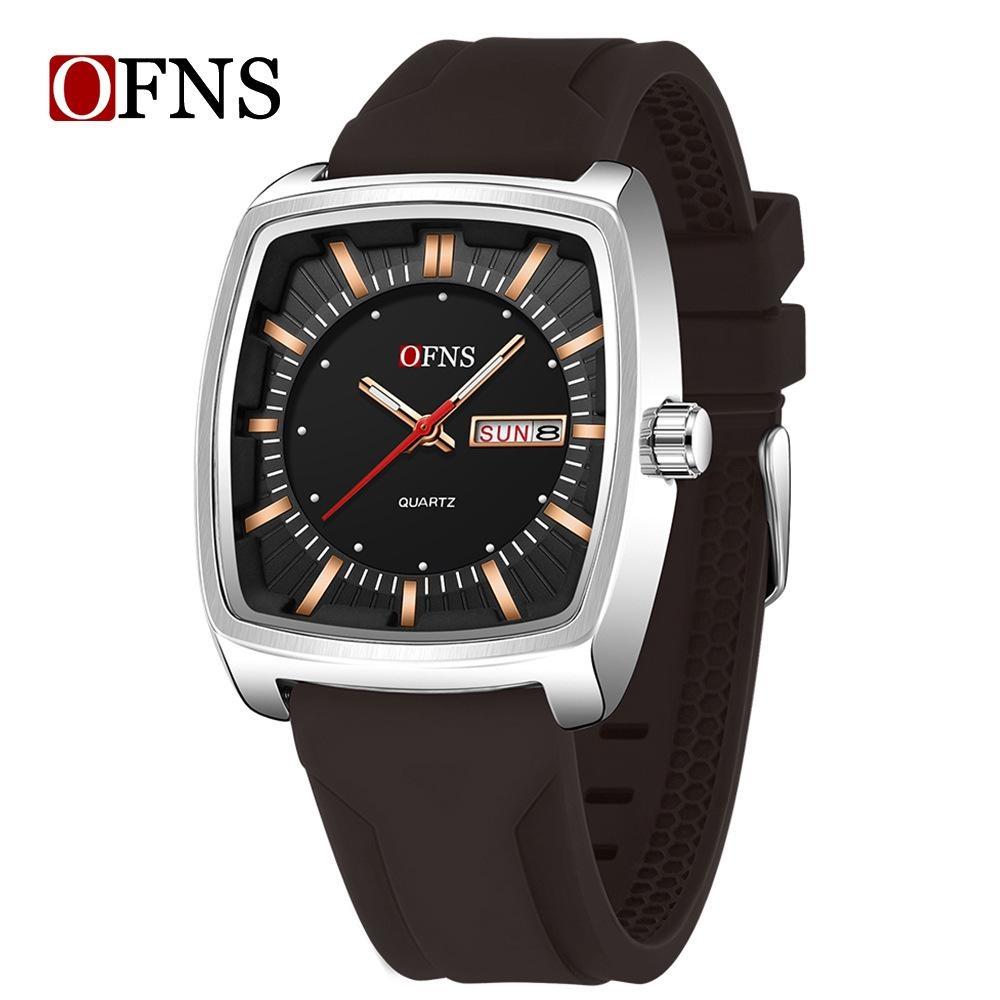 Men Watch Fashion Square Stainless Steel/Silicone Strap Waterproof Luminous Quartz Week Calendar Business Sports WristWatch