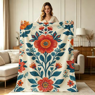 All-Season Warm Flannel Blanket with Vintage Folk Floral Print for Sofa Couch Bed Office Living Room Soft Cozy Decorative Throw Blanket for Four Seaso