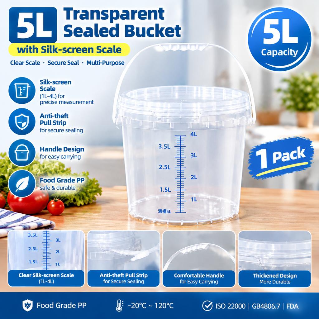 5L Transparent PP Food-Grade Sealed Bucket with Scale