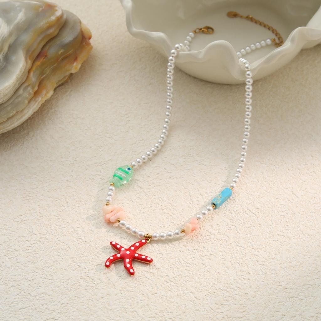 GEMCHIC Damen Bunte Seestern Anhänger Halskette Mehrschichtige Perlenkette Mode Sommer Strand Schmuck