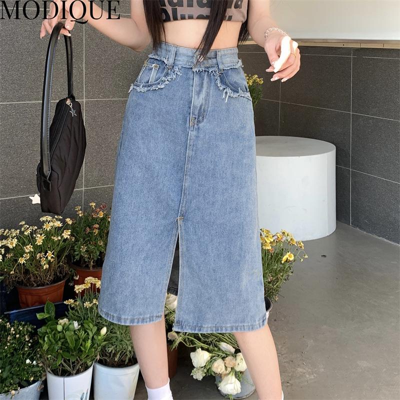 MODIQUE Summer Shorts Skirt Women Elastic Loose Casual Vintage Female A-Line Solid Sweet High Waisted Denim Skirt Blue