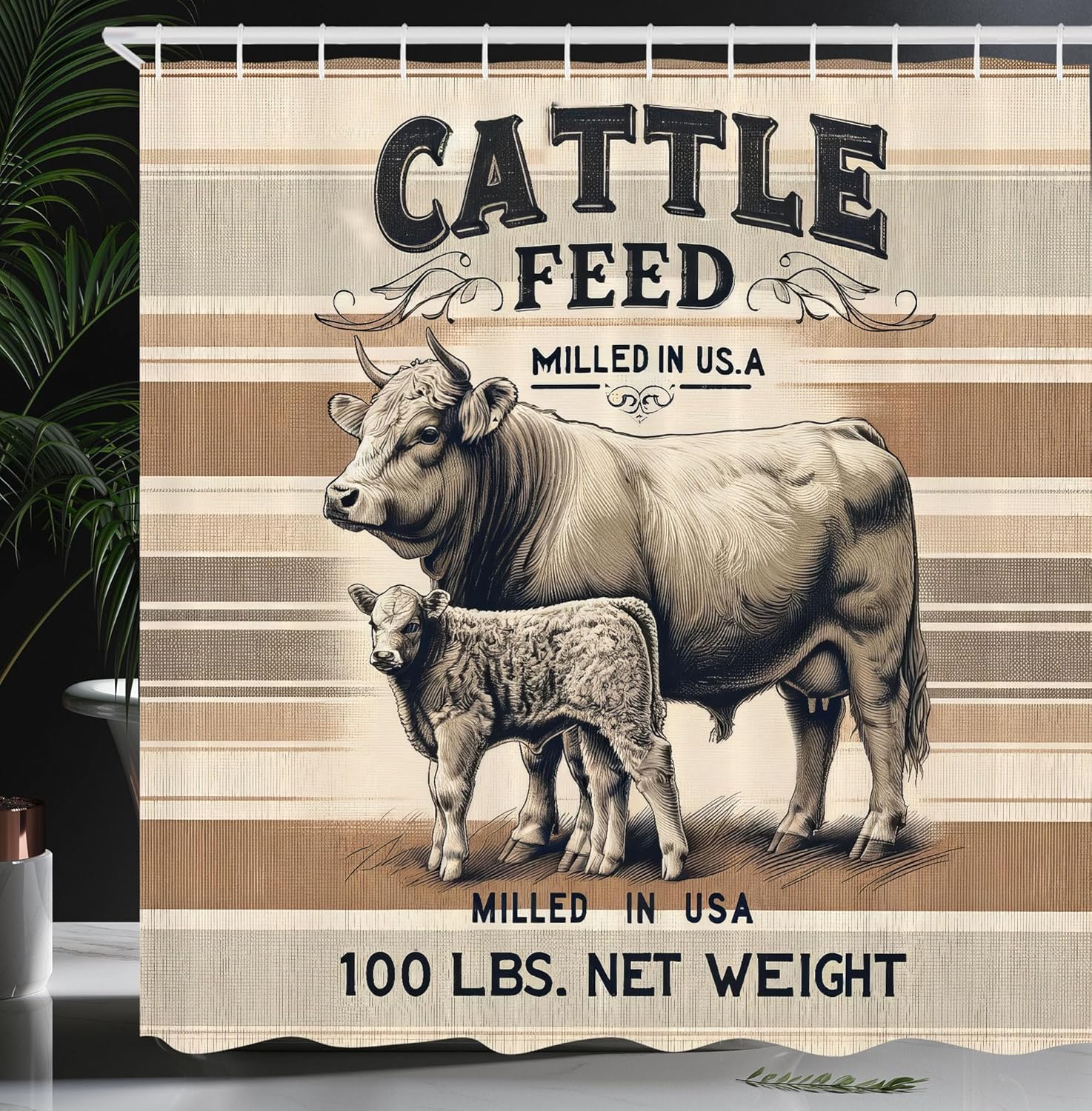 

Farmhouse Shower Curtain Vintage Paint Retro Cattle Feed Lettering Cow Calf Stripped Almond Beige Black Decor Hooks W60H190(CM)-1 Pcs