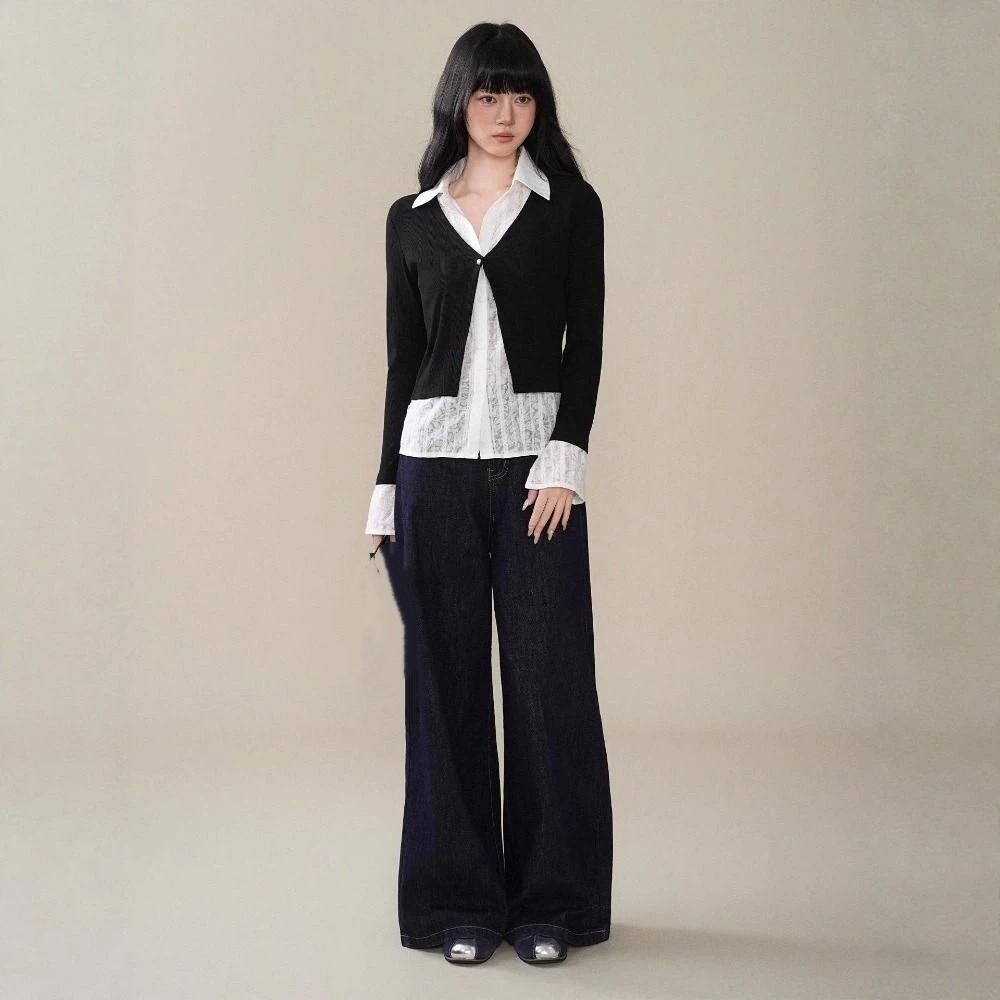 Flip Collar False Two-piece Top Slim Fit Lace Long Sleeved Knitwear Ins Lace Shirts Knitwear  Party