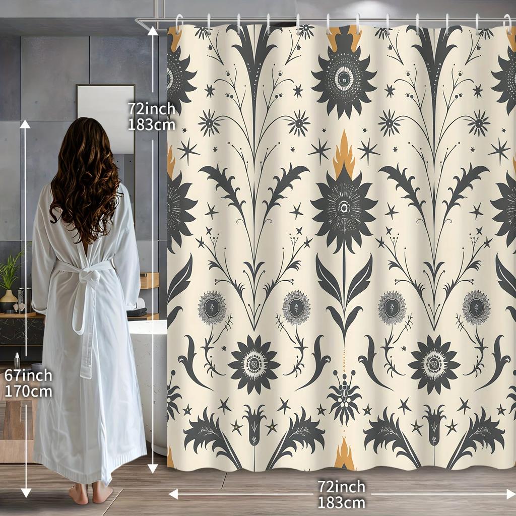 Monochrome floral shower curtain - elegant black and white floral pattern wall hanging, used for decoration in living rooms