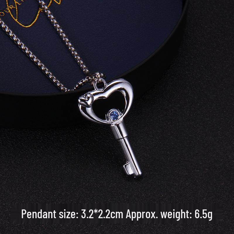 Korean-Style Heart Key Couple Necklace with Rhinestone Inlaid Lock Pendant