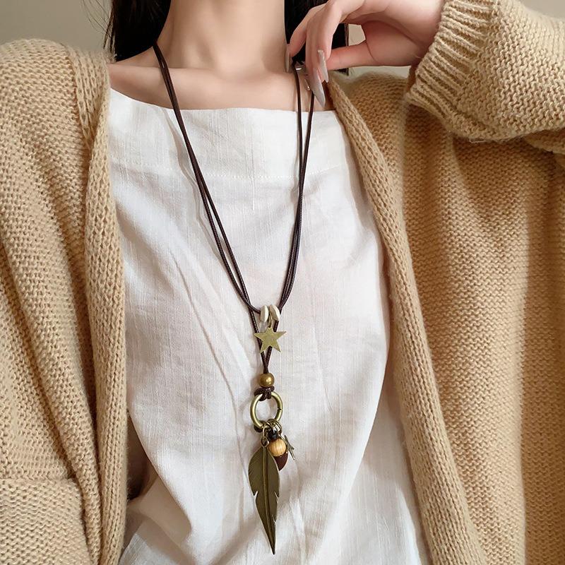 Bohemian ceramic color beaded starfish necklace women's retro ethnic style woven rope long sweater chain accessories