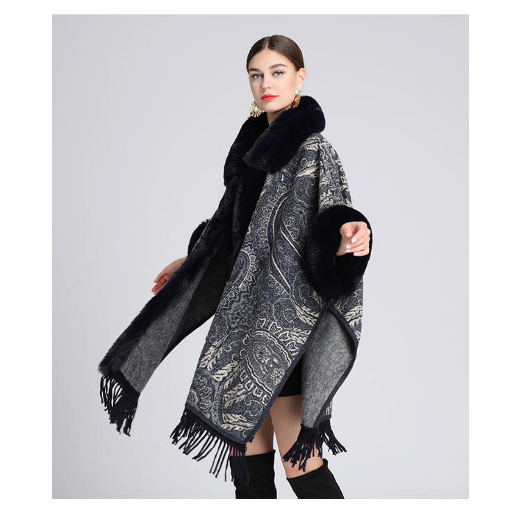 Winter Women's Shawl Cape Jacket Fur Collar Jacquard Loose Tassel Large Size Seven-point Sleeves Tweed Jacket