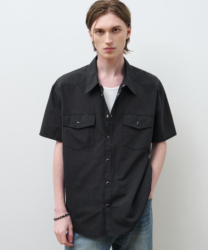 DRAW FIT Luce Striped Half Western Shirt [Black]