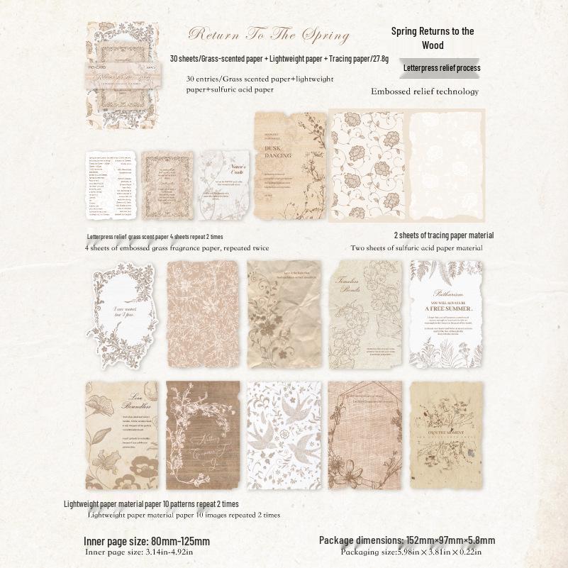 MòMò Mixed Material Letterpress Embossed Paper - Flower Branch Language Series, 30 Sheets, Scrapbooking Base Paper, 4 Styles.