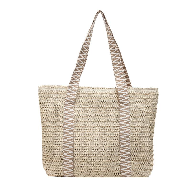 

Contrast Straw Bag Large Capacity Holiday Beach Bag Women s Shoulder Tote Bag бежевый