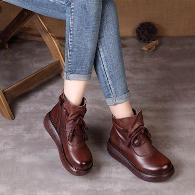 Genuine Leather Thick Soled Women's Wedges Short Boots Vintage Women's Platform Shoes