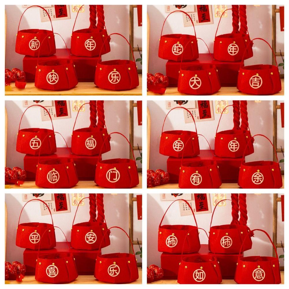 Red Candy Storage Bag Felt Gift Bags Joyful New Year Handheld  Fruit Basket  Party Decor