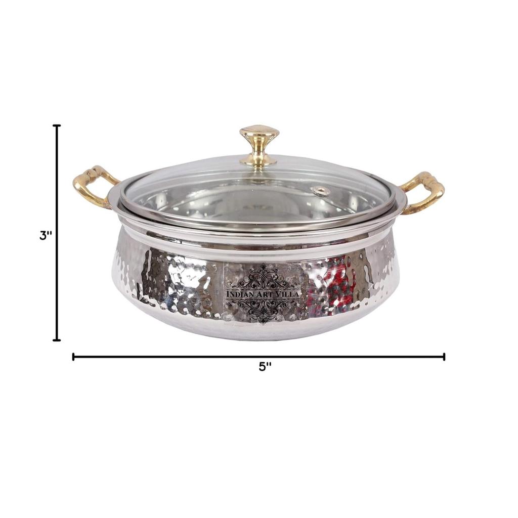 Stainless Steel Hammered Design Handi/Bowl/Casserole with Toughened Glass Lid & Brass Knob & Handles, Volume-400 ml, Pack of 6
