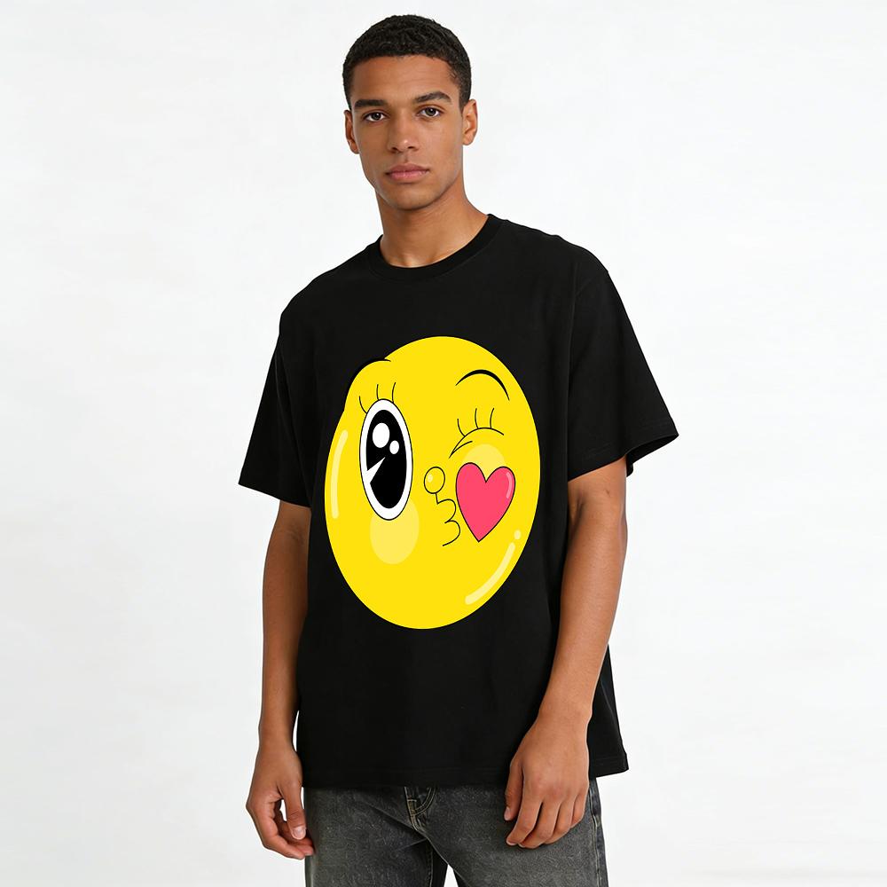 Cute Wink Blowing Kiss Heart Smile Face Print Casual T-Shirt Unisex Loose Comfortable Daily Top Pure cotton T-shirt