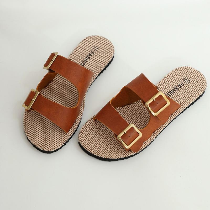 

Summer new women s comfortable and versatile large-size slippers non-slip and wear-resistant double-buckle cool slippers women 43 светло-коричневого