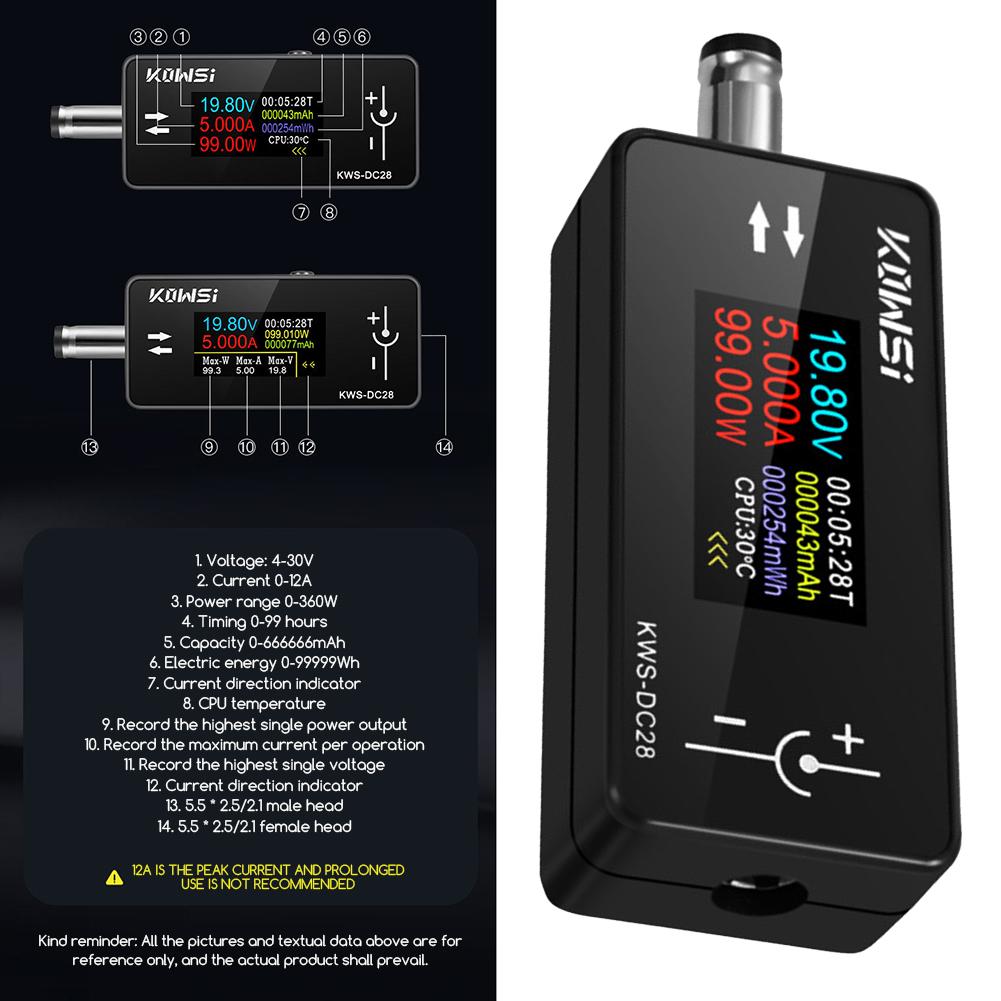 0 96-TFT Display DC5525 Interface Tester 4-30V 0-12A Two-Way Measurement for Voltage Current Measurement