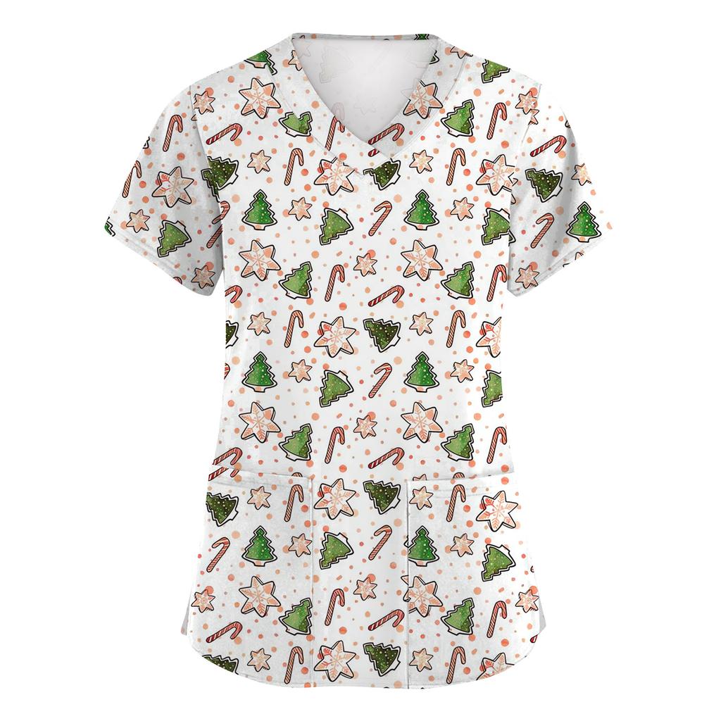 Damska Moda Krótki Rękaw Świąteczny Nadruk Dekolt V Kieszeń Odzież Robocza Top