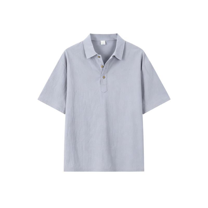 

Men s Linen-Look Short Sleeve Polo Shirt Casual Button Placket Collared Top S серый
