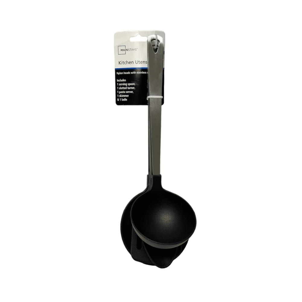 Stainless Steel Nylon 5 Piece Kitchen Utensil Set Cooking Spoon Ladle Skimmer Turner Pasta Server Ergonomic Dishwasher Safe