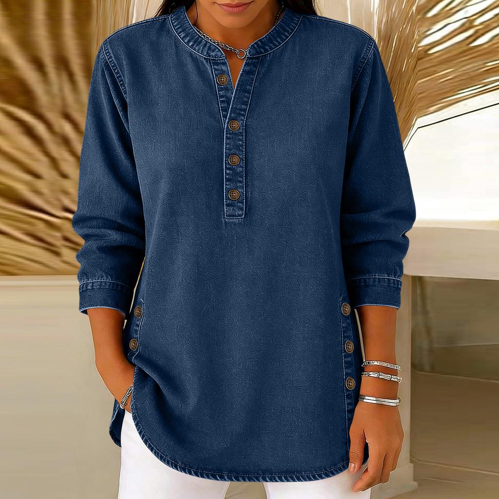 Ladies' Casual V-neck Button Imitation Denim Mid Long Sleeved Top