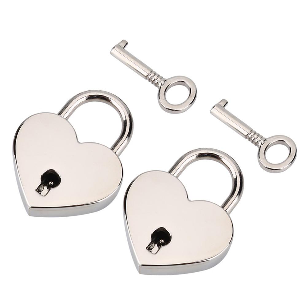 2PCS Silver Heart Shaped Padlock Heart Metal Construction Metal Padlock Small Size With Key Mini Padlock Luggage Lock