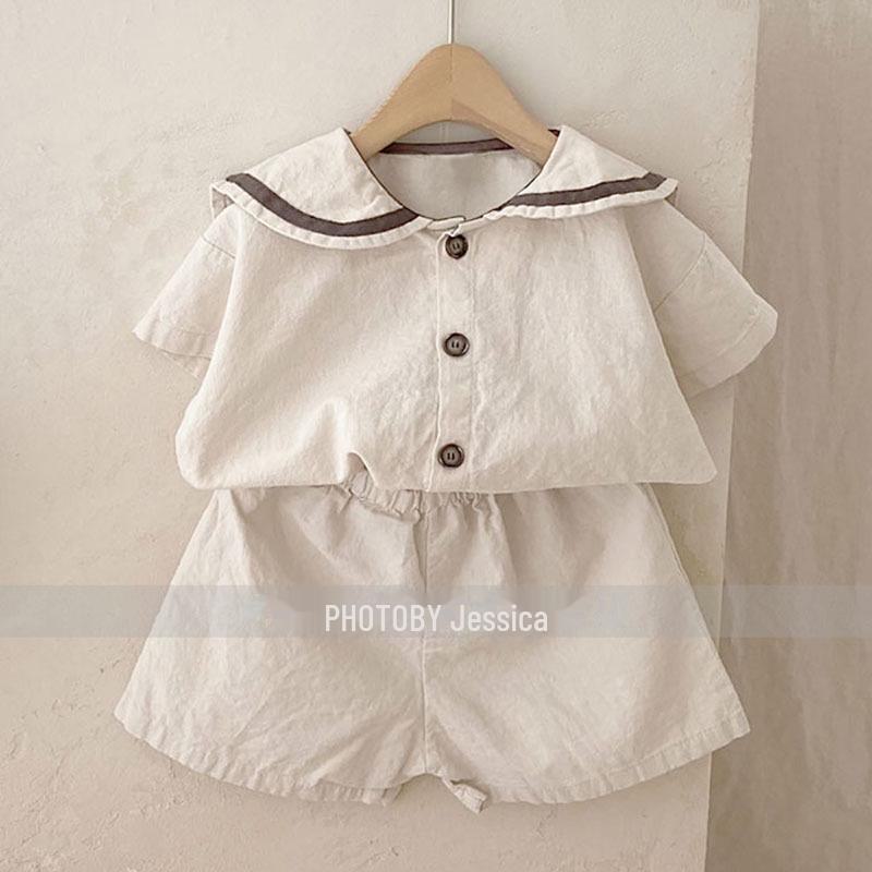 

Летний комплект из рубашки с короткими рукавами и шорт в корейском стиле для детей 70cm бежевый