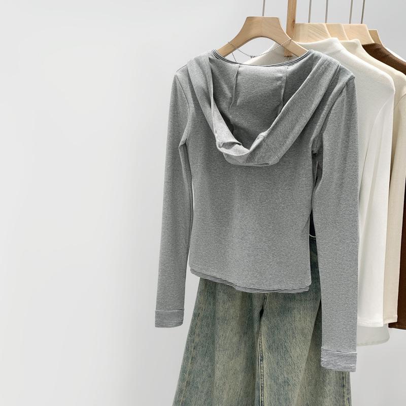 Korean Style Faux Two-Piece Hooded T-Shirt for Women, Slim-Fit & Flattering, Autumn/Winter 2026