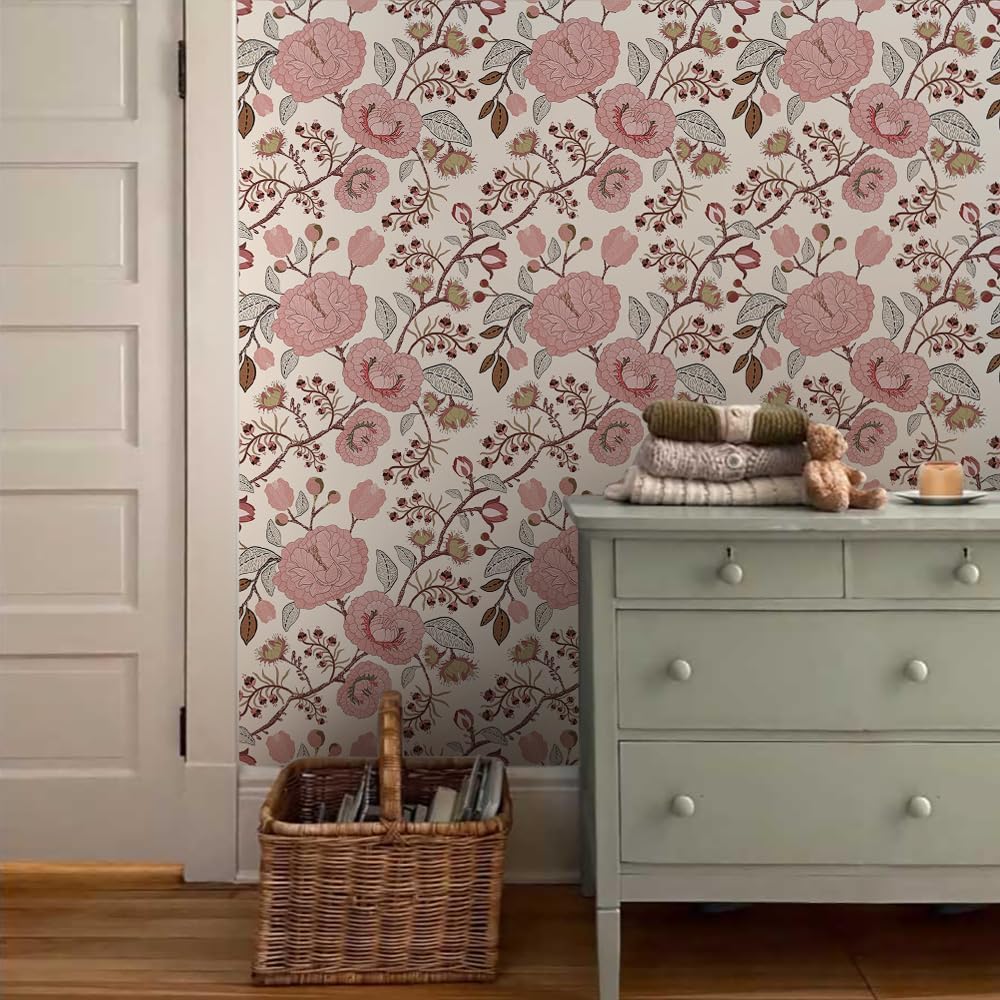 Vintage Pink Floral Peel and Stick Wallpaper Self Adhesive Wallpaper Removable Contact Paper Stick on Wall Paper for Kitchen