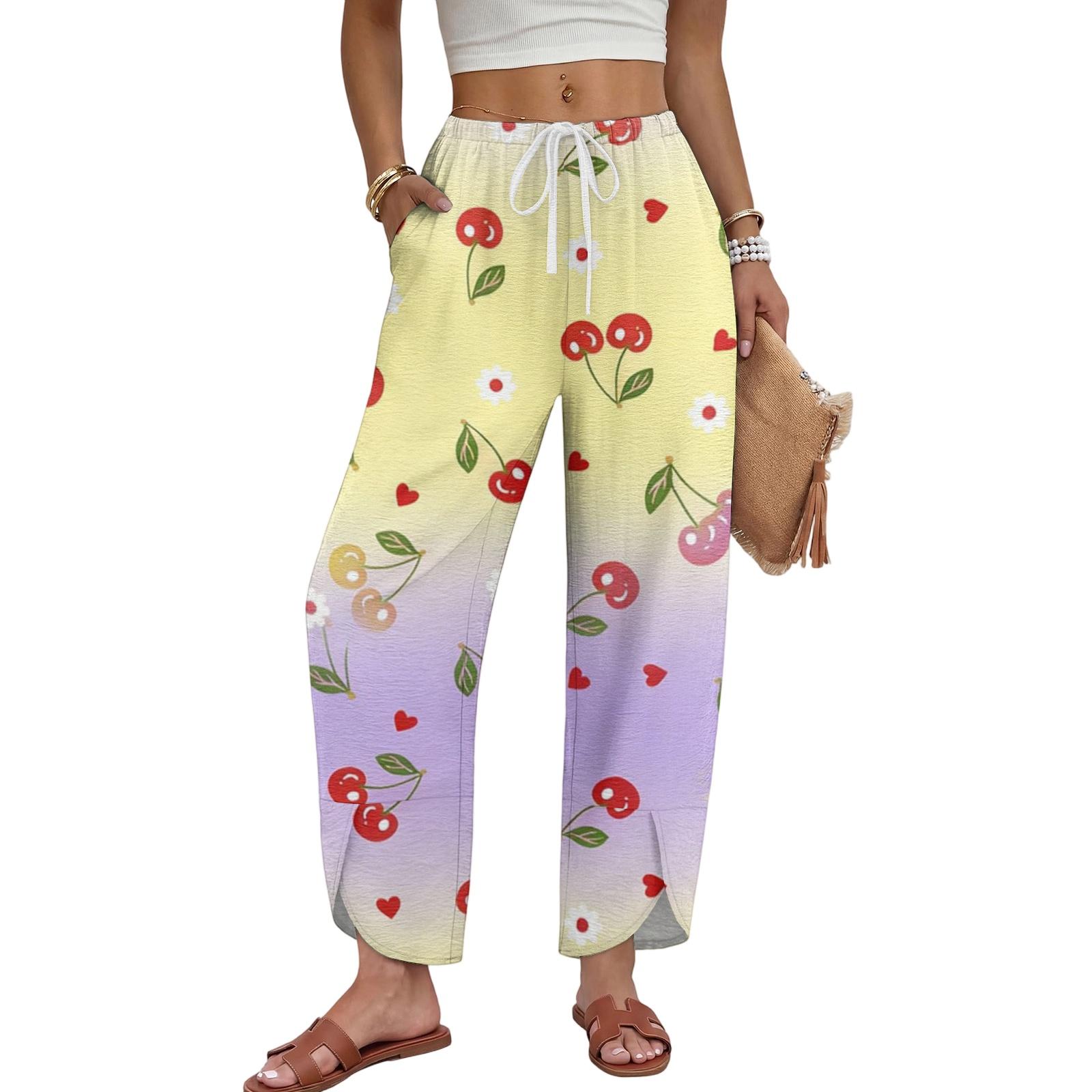 Women Casual Wide Leg Pants Loose Fit Straight Leg Drawstring Waist Cherry Print Lounge Bottoms XXL жёлтый