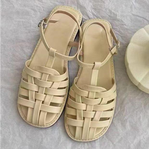 

Французские сандалии с полым носком, женские, 2025, новые, летние, плетеные, на плоской подошве, нишевые, ретро, пляжные, римские туфли 43 абрикосовый