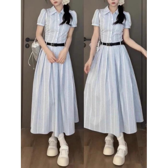 

French temperament blue high-end sense super good-looking and thin summer new shirt skirt XL