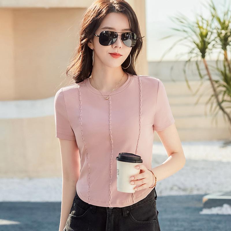 2024 Summer Short-sleeved New Round-neck Shirt, Lotus Joint T-shirt, Half-sleeved Undershirt, High-waisted Short Style, Slim, Fashionable and Sporty