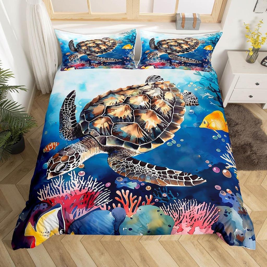 Sea Turtle Duvet Cover 3D Turtle Bedding Set Ocean Marine Theme Comforter Cover For Boys Girls Underwater Animal Pattern Bed Set