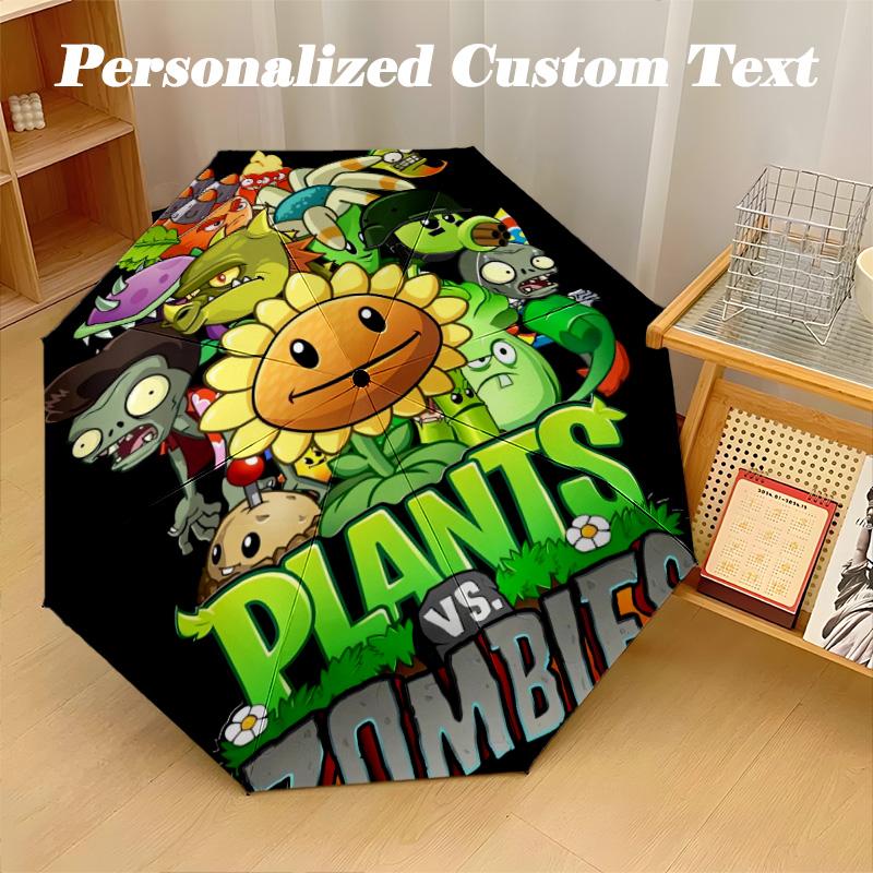 Windproof Folding Umbrella, 8‑Rib Auto Open Close Plants vs. Zombies Umbrella for Rain Sun Protection
