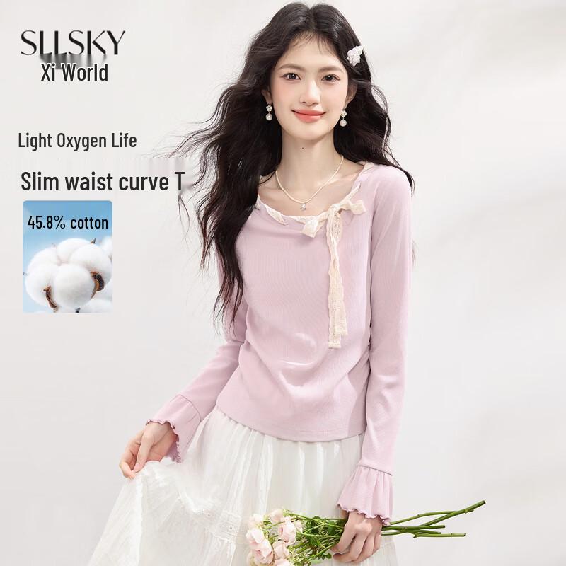 SLLSKY Women s Lace Bow Tie Flared Sleeve T-shirt XL