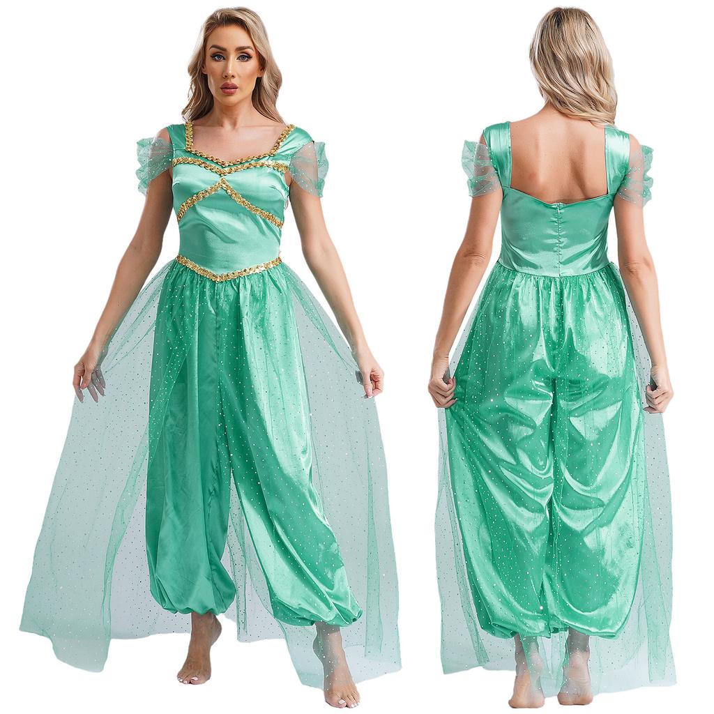 Womens Shiny Sequins Belly Dance Jumpsuit Halloween Arabic Arabian Princess Cosplay Party Costume Tulle Overlay Romper Bodysuit