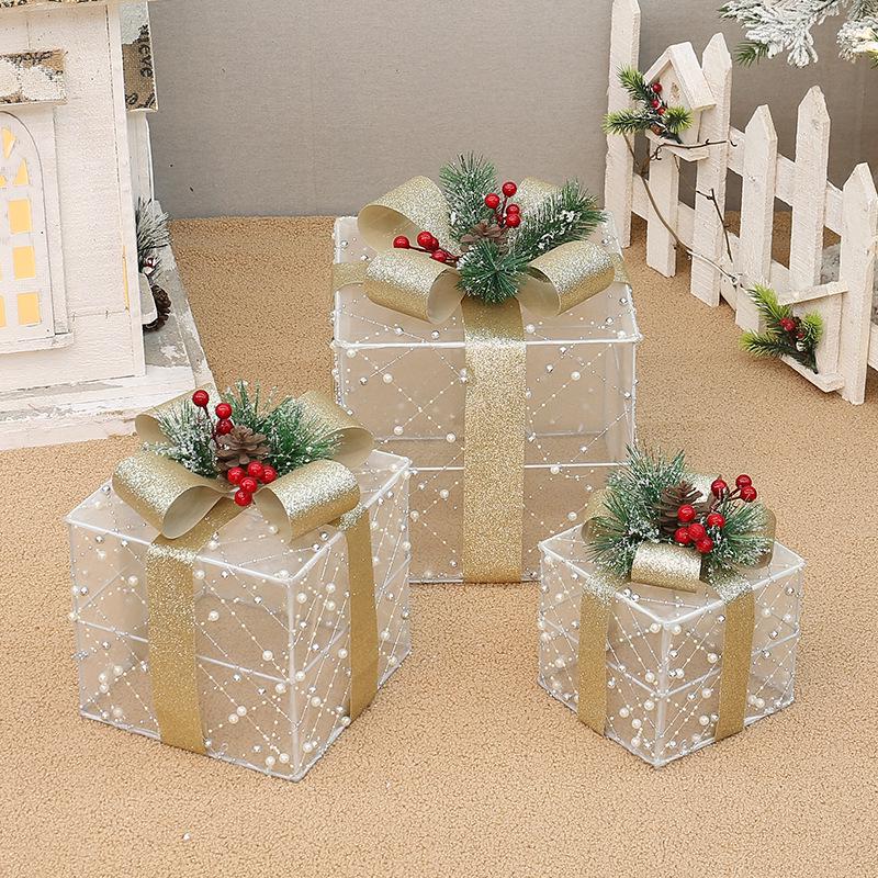 

White Flocked Lit Translucent Gift Box Stack - 3-Piece Christmas/New Year Decoration