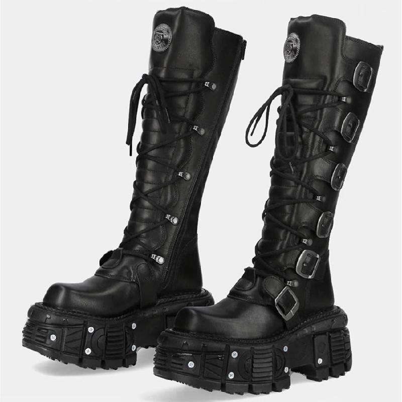 Gürtelschnalle Motorradstiefel Kniehoch Rock Punk Runde Zehe Dicke Sohle Leder Einfarbig Sexy Damen Schuhe Neu 42 schwarz