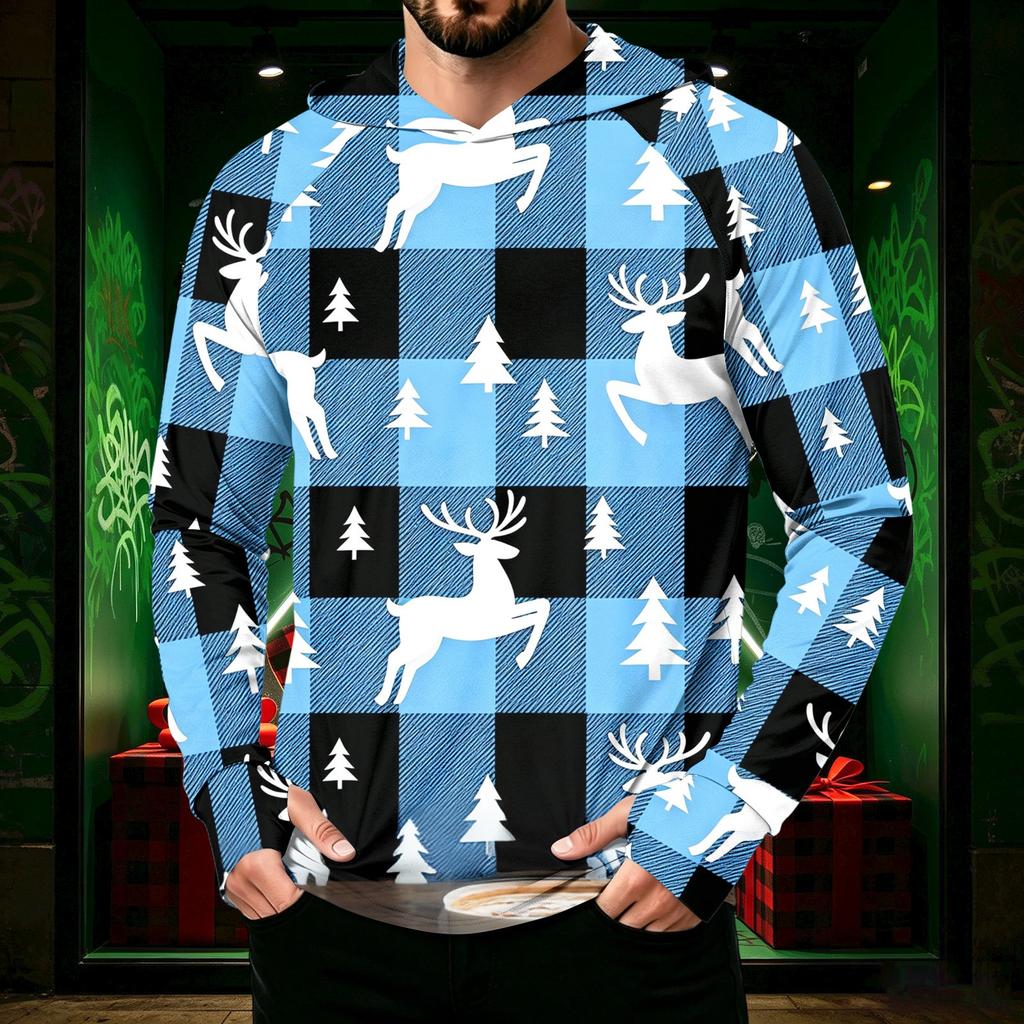 Men's Long Sleeve Hooded Sun Shirt with Christmas Print