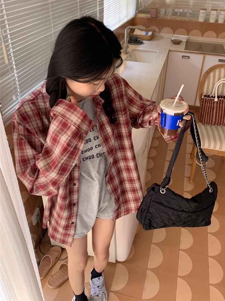 Women's Red Plaid Loose-Fit Long Sleeve Shirt - Korean Style Casual Sun Protection for Spring/Summer